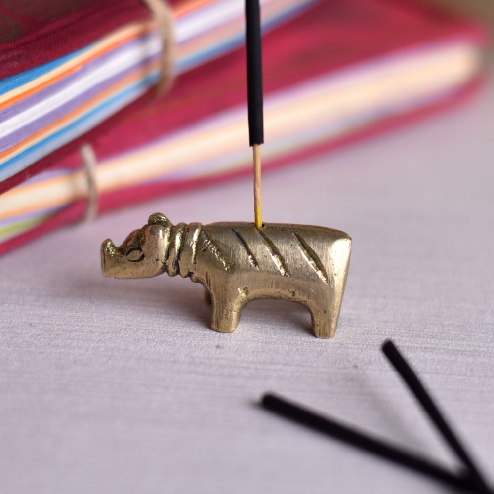 Antique Golden Brass Hippo Incense Stick Holder